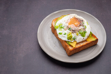 Toast with avocado and eggs served on a plate on vintage background. Top view. Space for text
