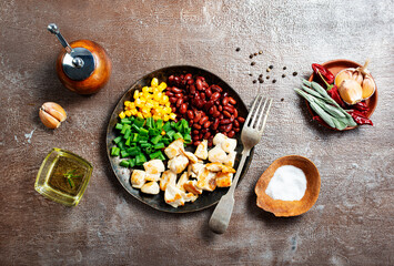 Fototapeta na wymiar ingredients for chilli corn carne: bean, corn, other vegetables