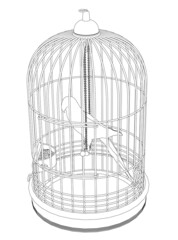 Contour of a parrot in a cage of black lines isolated on a white background. Isometric view. Vector illustration
