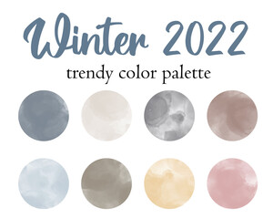 Winter 2022 fashion trendy color palette. Design color trend of winter season. Modern watercolor round textured swatch set. Vector illustration isolated on white background