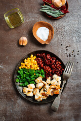 ingredients for chilli corn carne: bean, corn, other vegetables