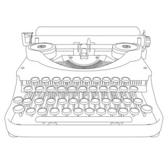 Outline of a vintage typewriter from black lines isolated on white background. Front view. Vector illustration