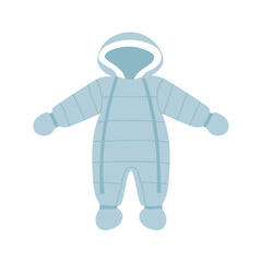 Winter blue baby overalls. Flat style snow suit with hood. Baby clothing. 