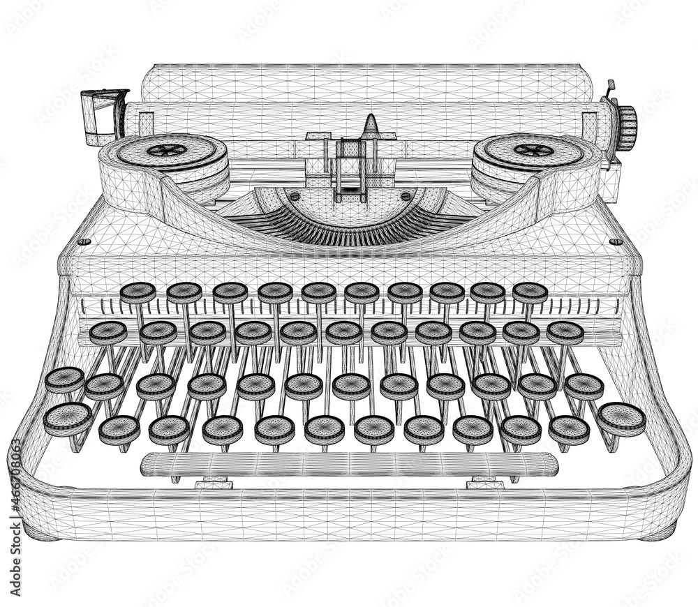 Fototapete wireframe of a vintage typewriter from black lines isolated on white background. front view. 3d. vec
