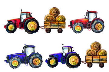 Set of 4 tractors blue and red with trailers and single ones.Watercolor illustration.Print or postcard.