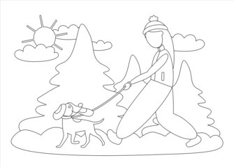 Coloring. The girl walks the dog in the snowy forest. Frosty winter day and snowdrifts. Flat vector illustration.