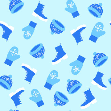 vector pattern of boots, mittens and hats. flat image of a pattern with warm boots with a knitted hat and mittens