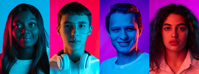 Collage of close-up male and female faces isolated on colored neon backgorund. Concept of equality,...