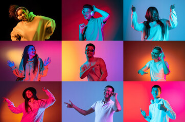 Collage of made of dancing male and female models isolated on colored backgorund in neon light....