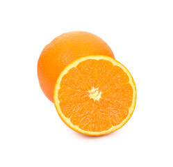 Orange fruit with orange slices isolated on white background.