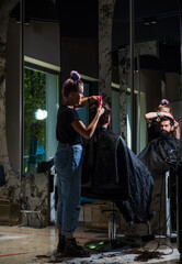 male barber care. bearded man at hairdresser chair in salon. beauty and fashion. hair and beard styling. brutal guy with barbershop professional master use electric shaver. hipster. Really bad shave