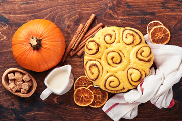 Cinnamon rolls or cinnabon homemade recipe raw dough preparation sweet traditional dessert buns pastry food baked homemade swirl Danish mini snack. Food ingridients. Top view. Fall baking concept