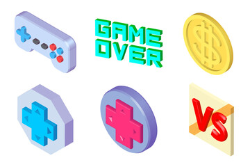 Videogame icons set. Collection of game symbols 3D rendering. Gaming icons set isometric design.