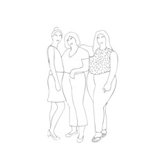Fototapeta na wymiar Linear silhouette diverse women group, standing in a row.Vector illustration.