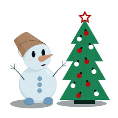 cute little snowman with a bucket on his head stands by the christmas tree