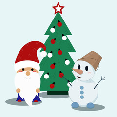 cute snowman and little santa claus are standing by the christmas tree