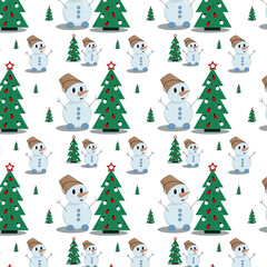 seamless pattern cute little snowman stands by the christmas tree