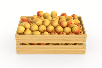 wooden crate with peaches on white background. Isolated 3D illustration