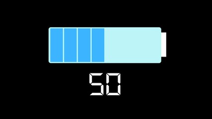 Battery Sign Loading From Empty To Full Charge With Digits Counting Energy Level. Animation On Black Background - Powered by Adobe