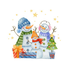 Watercolor illustration new year, happy holiday, merry christmas. Snowman. 