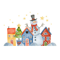 Watercolor illustration new year, happy holiday, merry christmas. Snowman. 