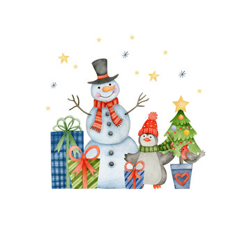 Watercolor illustration new year, happy holiday, merry christmas. Snowman. 