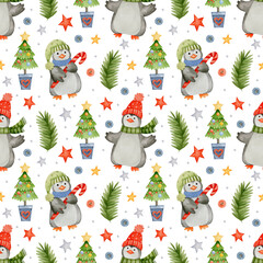 Watercolor seamless pattern, new year, happy holiday, merry christmas. 