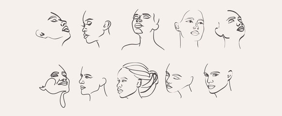 Obraz premium Collection of woman faces in one line style. Feminine concept. Editable Vector Illustration.