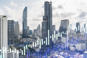 Naklejka na ściany i meble Forex and stock market chart hologram over panorama city view of Bangkok, the financial center in Southeast Asia. The concept of international trading. Double exposure.