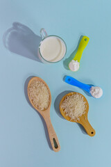 Powdered vegan milk. Rice milk close-up. Vertical photo