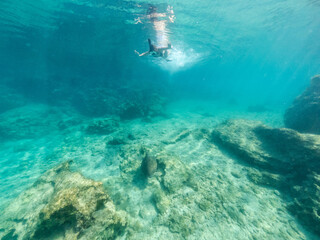 Woman snorkeling with the turtle. Underwater world