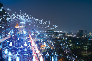 Glowing social media icons on night panoramic city view of Bangkok, Southeast Asia. The concept of networking and establishing new connections between people in businesses. Double exposure.