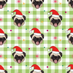 Seamless pattern with cute hand drawn pug heads in Christmas hats with stars and circles on light green and white plaid background. Vector dog illustration. Endless texture with funny cartoon dogs
