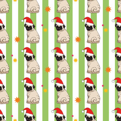 Seamless pattern with cute hand drawn pugs in Christmas hats with stars on light green and white striped background. Vector dog illustration. Endless texture with funny cartoon dogs for your New year 