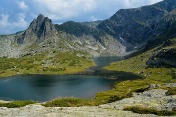 Naklejka na ściany i meble The Twin - one of the Seven Rila Lakes, part of Rila National Park. Lakes are named after their shape: The Lower Lake, Fish Lake, The Trefoil, The Twin, The Kidney, The Eye and The Tear