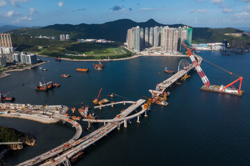 Drone fly over the bridge under construction