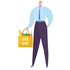 Modern businessman hold ecology friendly eco bag, concept food shopping package cartoon vector illustration, isolated on white.
