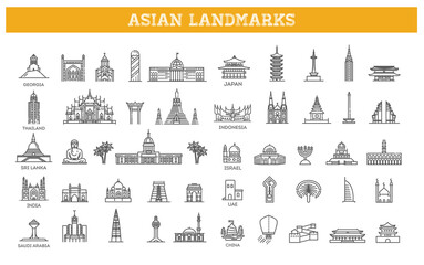 Simple linear Vector icon set representing global tourist asian landmarks and travel destinations for vacations