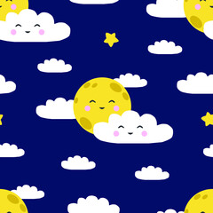 Seamless vector pattern with moon, clouds and stars on night sky