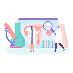 Medical pregnancy research, tiny doctor male hold magnifying glass, female gynecologist character cartoon vector illustration, isolated on white.