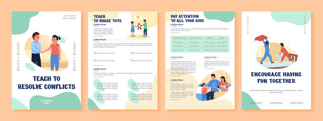 Fototapeta na wymiar Parenting flat vector brochure template. Avoid family conflicts. Flyer, booklet, printable leaflet design with flat illustrations. Magazine page, cartoon reports, infographic posters with text space