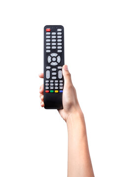Woman hand holding TV remote control with clipping path isolated on white background.
