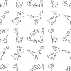 Children seamless pattern with cartoon dinosaurs. Cute kids characters. Vector outline illustration for colouring page, print, poster, fabric, textile, wallpaper