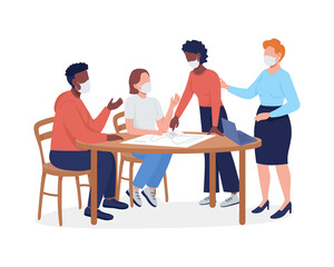 Students in masks semi flat color vector characters. Interacting figures. Full body people on white. After covid isolated modern cartoon style illustration for graphic design and animation