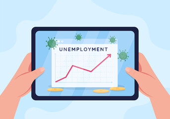 Rising unemployment rate flat color vector illustration. Crisis in job market. Impact of viral pandemic. Looking at online statistics 2D cartoon first person view on tablet background