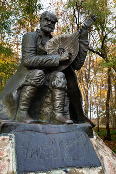 Sokyryntsi, Ukraine - October 17, 2021: Monument to Ostap Mykytovych Veresai, a renowned minstrel and kobzar who lived in Sokyryntsi and helped to popularize kobzar art both within Ukraine and beyond.