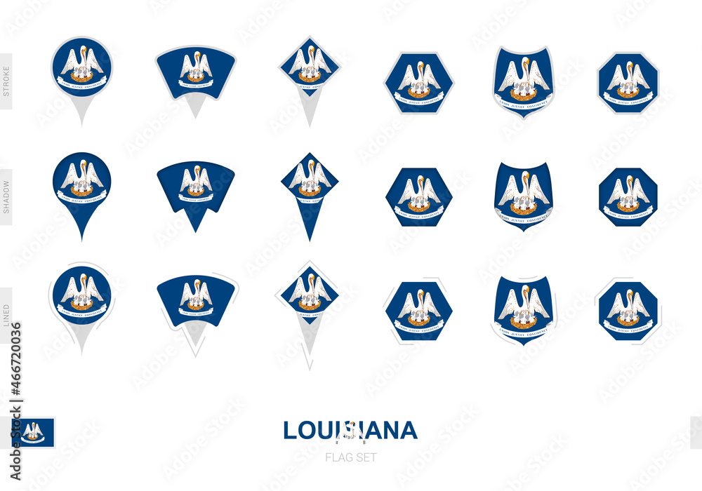 Wall mural collection of the louisiana flag in different shapes and with three different effects.