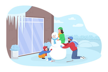 Family fun in winter 2D vector isolated illustration. Outside in snow. Father, mother and son flat characters on cartoon background. Festive activities for quality time together colourful scene