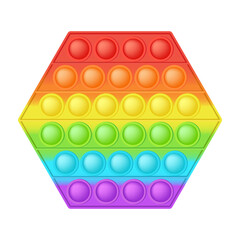 Popit figure hexagon as a fashionable silicon toy for fidgets. Addictive anti stress toy in bright rainbow colors. Bubble anxiety developing pop it toys for kids. Vector illustration isolated on white
