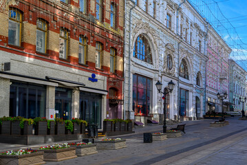 Street in center of Moscow in Russia. Cozy cityscape in Moscow. Architecture and landmarks of Moscow.